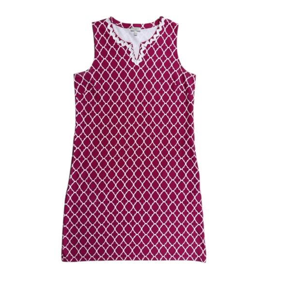 Talbots Dress Pink White Quatrefoil Shift Sleeveless Rickrack Trim Medium Petite - Picture 1 of 8